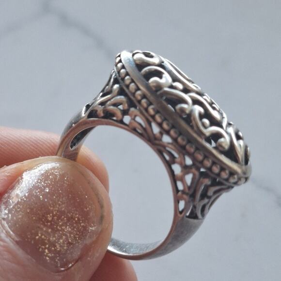 Sterling Silver Open Filigree Sideways Beaded Scroll Ring 7.25 womens vintage - Picture 7 of 7